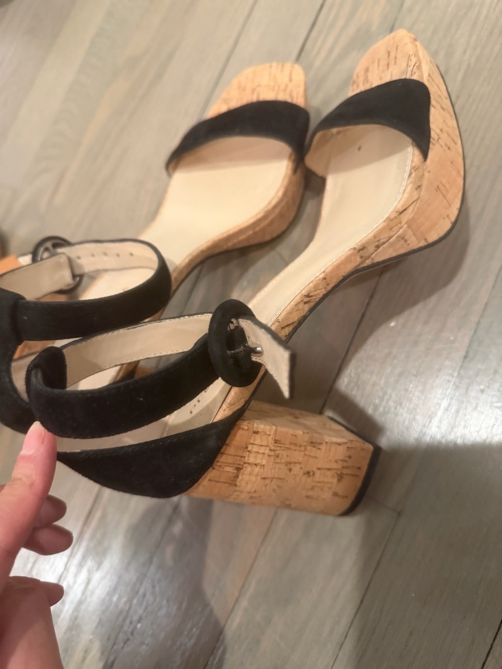 Pelle Moda Black Suede Cork Block Heel Sandals